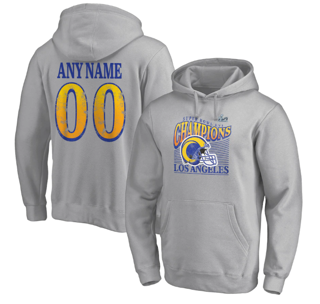 Men's Los Angeles Rams Custom 2022 Gray Super Bowl LVI Champions Personalized Retro Pullover Hoodie Men's Los Angeles Rams Custom 2022 Gray Super Bowl LVI Champions Personalized Retro Pullover Hoodie